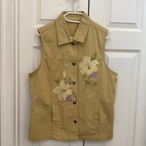 Tan Floral Embroidered Vest with Classic Collar